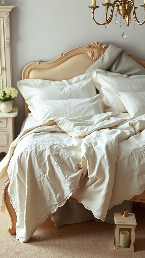 A cozy French country bedroom featuring soft white linens and a vintage-style bed.