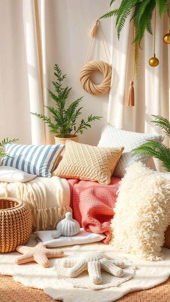 A cozy nursery corner with soft textiles including knitted pillows, blankets, and plush decor.