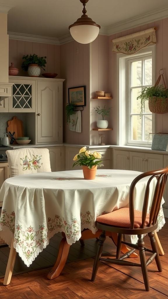 A Victorian kitchen featuring a wooden table with an embroidered tablecloth, an orange cushion chair, and soft curtains, creating a cozy atmosphere.