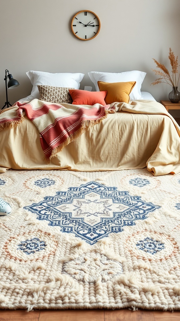 A cozy bedroom with a soft textured area rug featuring an intricate design, complemented by a bed with decorative pillows and a blanket.