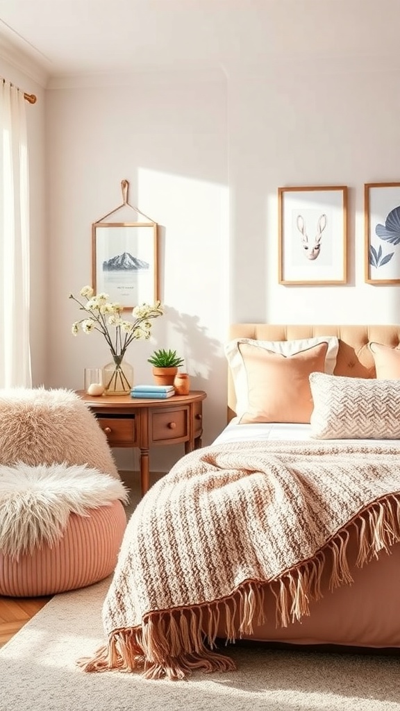 A cozy bedroom featuring soft textured fabrics, including a chunky knit blanket, fluffy pillows, and a plush chair.