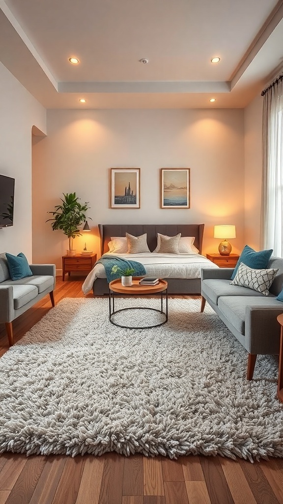 A cozy living room featuring a fluffy rug, modern furniture, and warm lighting.