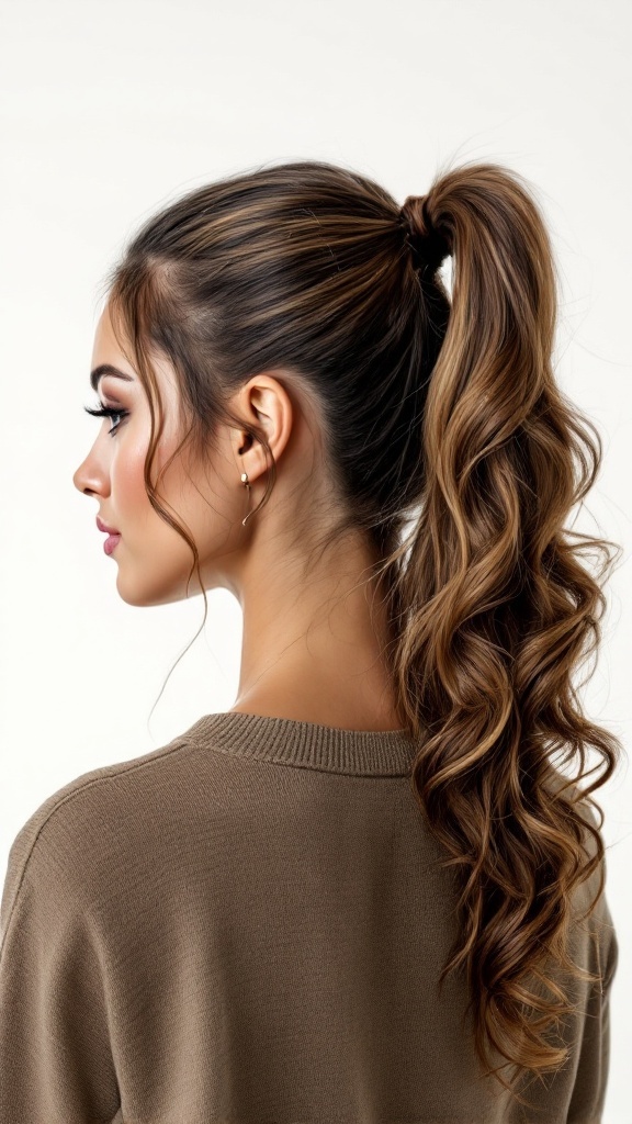 A woman with a soft textured ponytail, featuring curls and a relaxed style.
