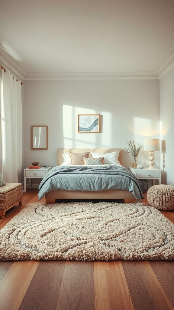 A cozy bedroom with a soft textured rug under the bed, creating a warm and inviting atmosphere.