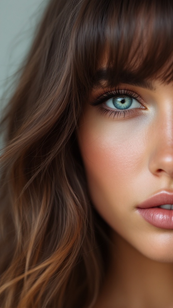 A close-up of a person with soft textured side bangs and wavy hair.