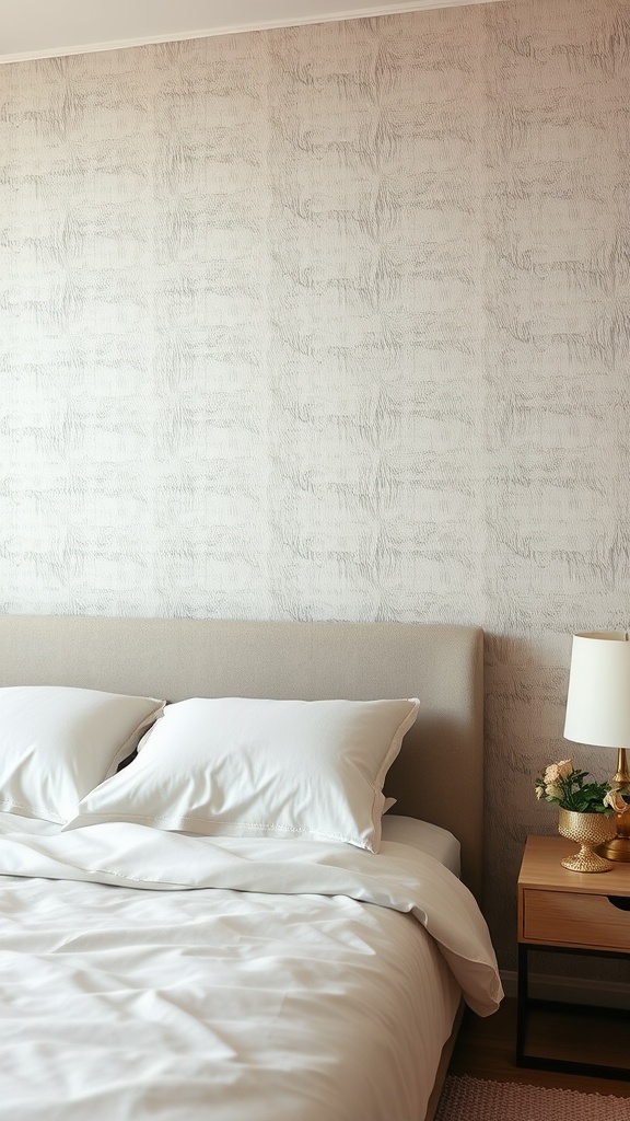 A cozy bedroom with soft textured wallpaper, simple bedding, and a bedside table