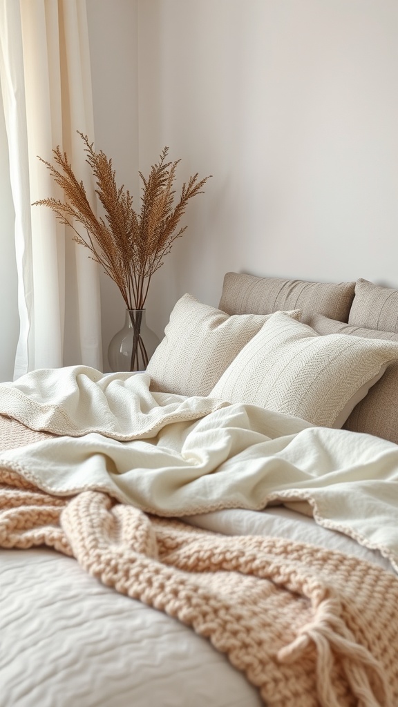 A cozy greige bedroom featuring layered textures with pillows, knitted blankets, and dried branches in a vase.