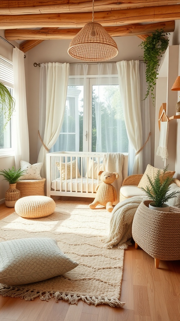 Cozy twin nursery with soft textures and natural materials.