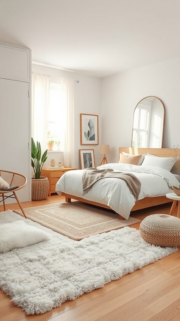A clean girl bedroom with soft textures, featuring a cozy bed, fluffy rug, and potted plants.