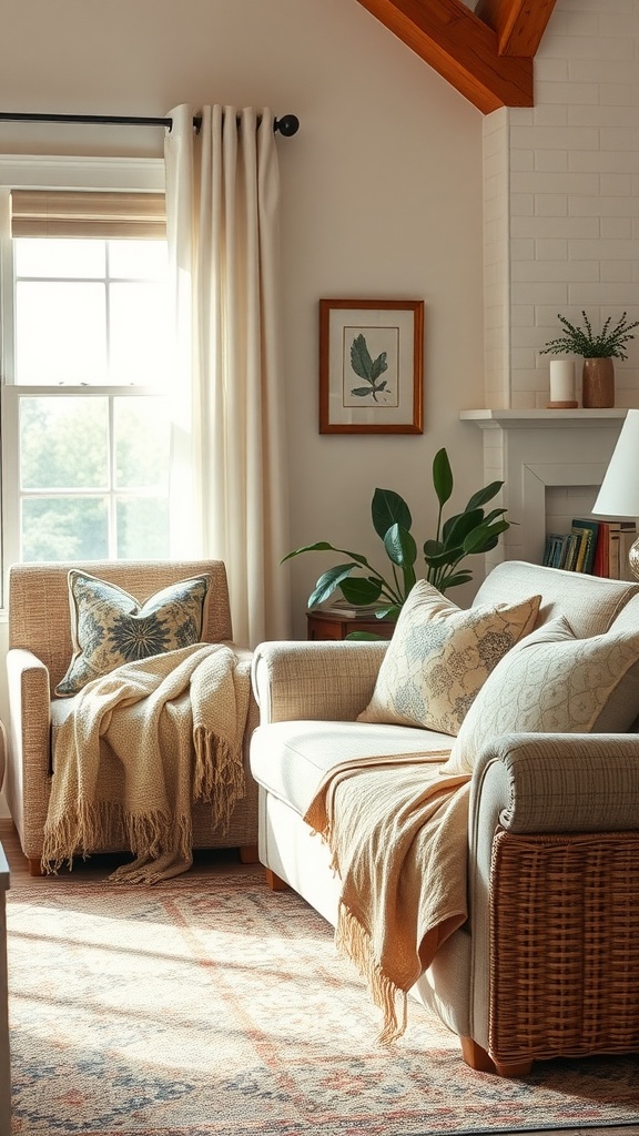 A cozy living room with a sofa and chair adorned with throw blankets and pillows, illuminated by natural light.
