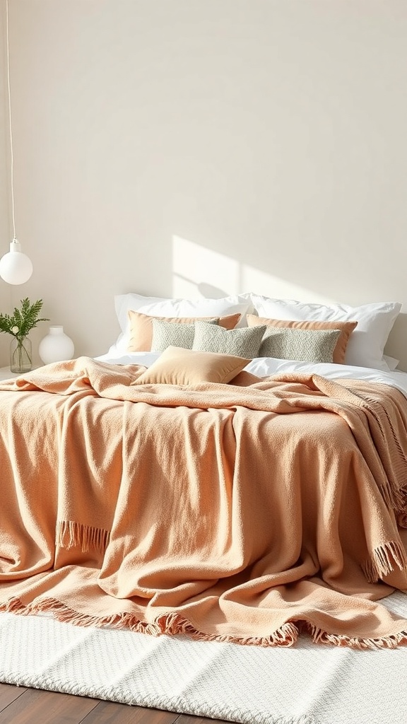 A cozy bedroom with a peach-colored throw blanket draped over the bed, surrounded by decorative pillows.