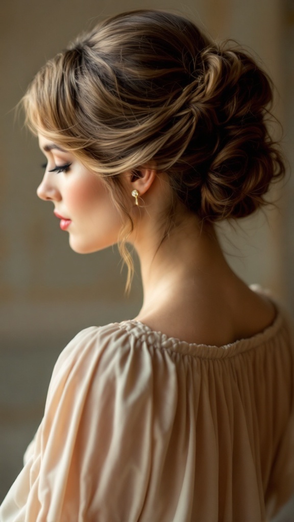 A side view of a woman with soft vintage waves gathered at the nape, wearing elegant earrings and a soft blouse.