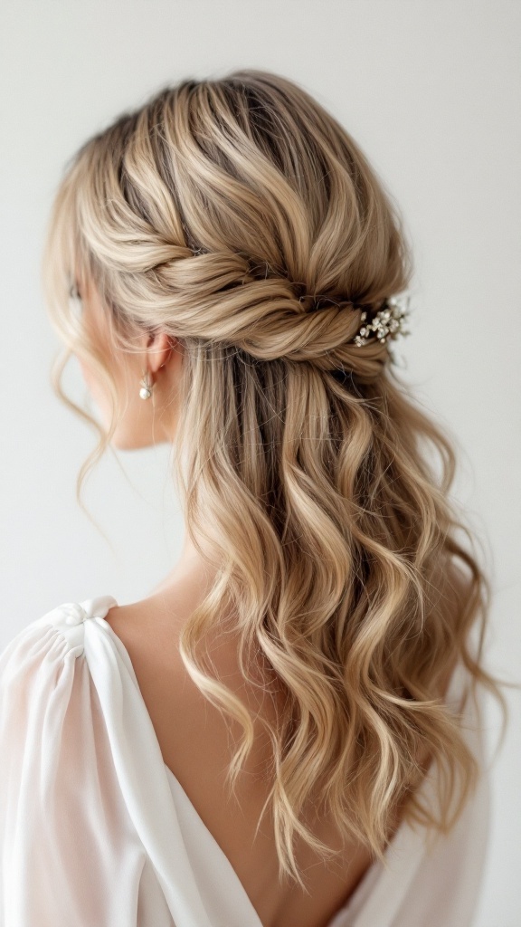 A woman with medium-length hair styled in soft waves and a side braid, adorned with delicate hair accessories.
