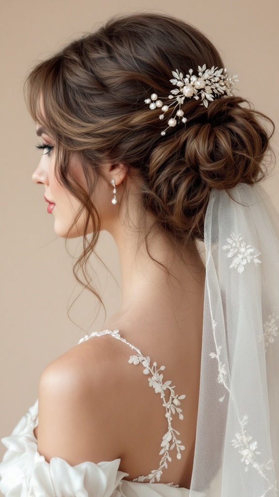 A bride with soft waves hairstyle adorned with decorative hair pins