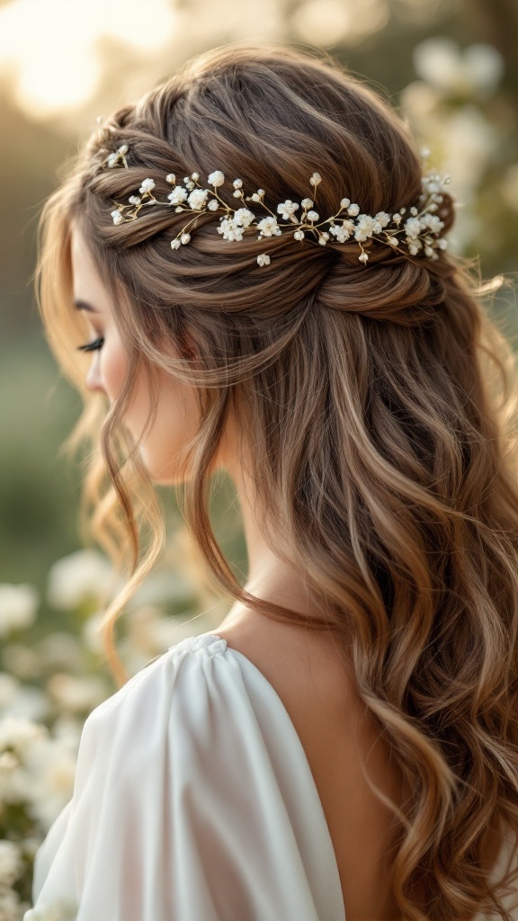 A bride with soft waves styled with a decorative hair vine in a natural setting.