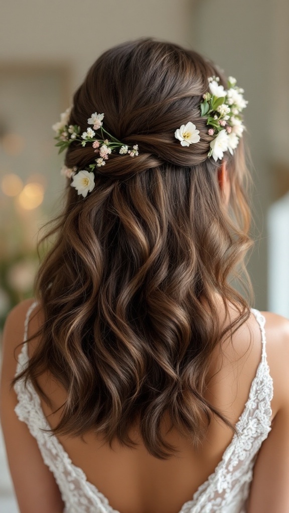 Bridesmaid hairstyle with soft waves and floral accents