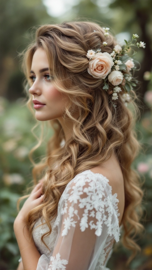 A bride with soft waves and floral accents in her hair, showcasing a vintage wedding hairstyle.