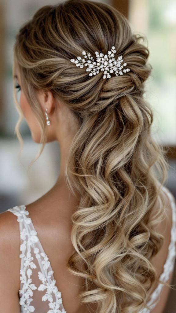 A back view of a hairstyle featuring soft waves and a glittering hair accessory.