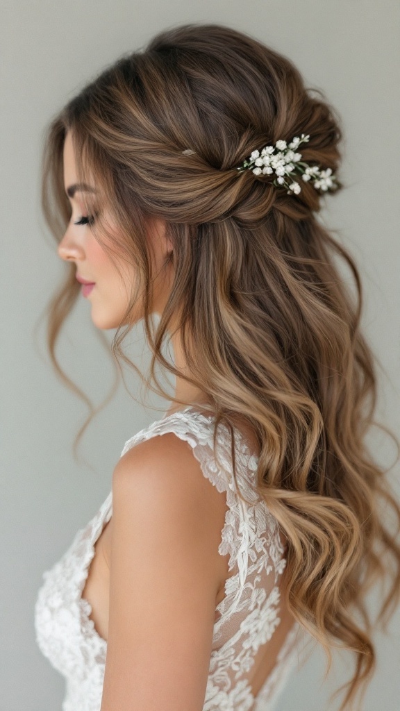A bridesmaid hairstyle featuring soft waves and delicate flowers, showcasing a romantic look.