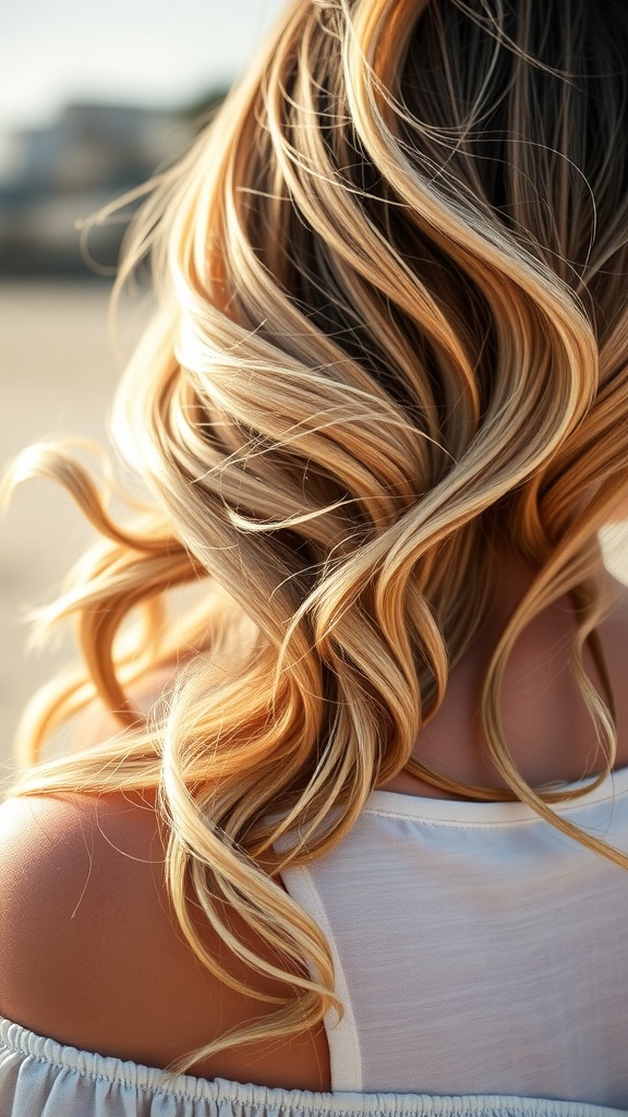 A close-up of soft, wavy hair with highlights, styled casually and flowing beautifully.