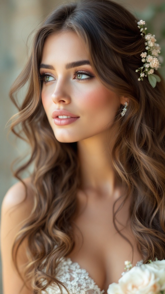 Model with soft waves and side-swept bangs, wearing bridal attire and floral accessories.