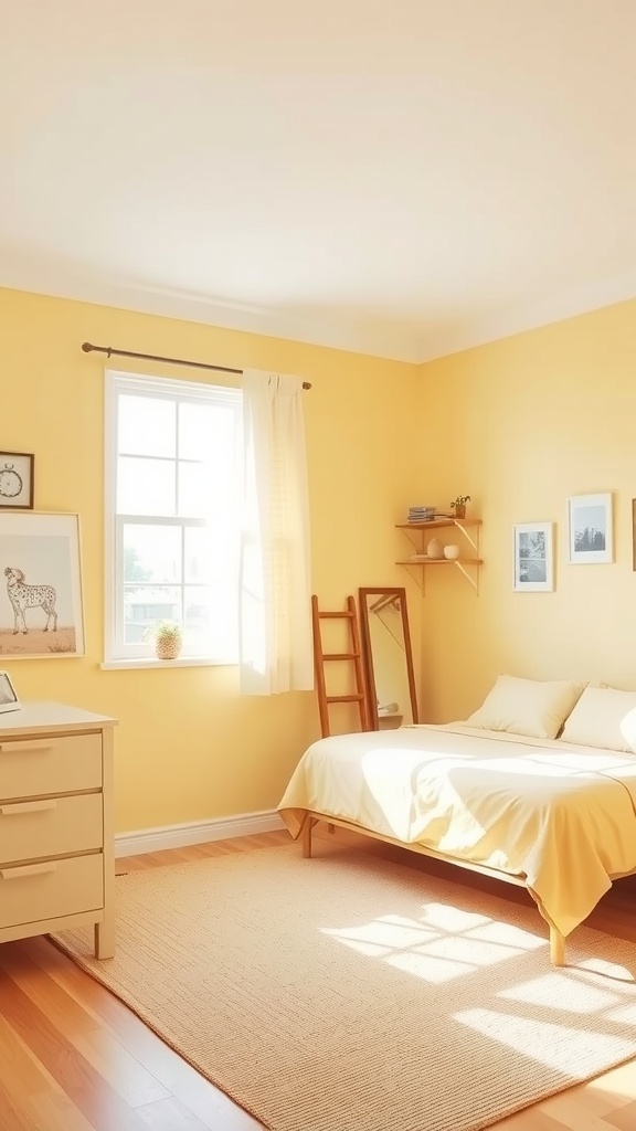 A bright and cheerful bedroom with soft yellow walls, a neatly made bed with light bedding, a wooden dresser, and natural light from a window.