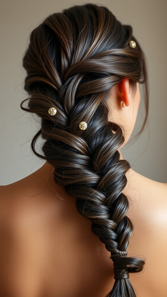 A beautifully styled side braid with decorative golden pins