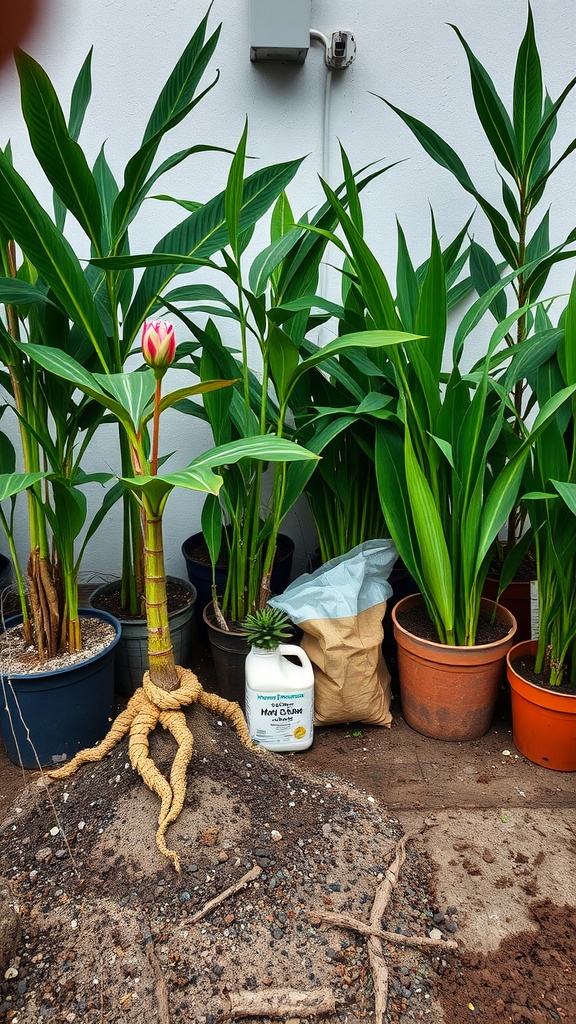 Image of tall house plants with a focus on one larger plant with a flower bud and visible roots, alongside bags of soil and fertilizer.