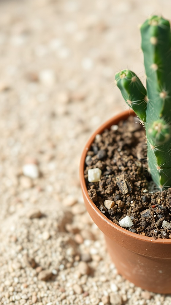 A close-up image of a cactus in a pot with well-draining soil, surrounded by a sandy surface.