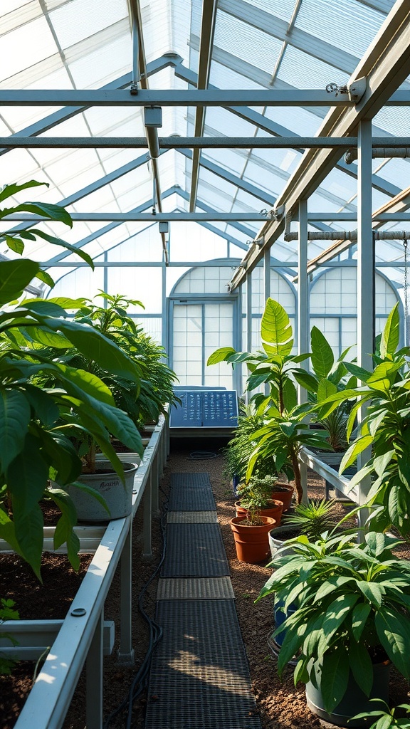 Interior view of a solar-powered greenhouse with various plants