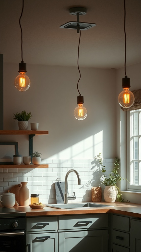 A modern kitchen featuring solar-powered pendant lights, natural wood shelves, and plants.