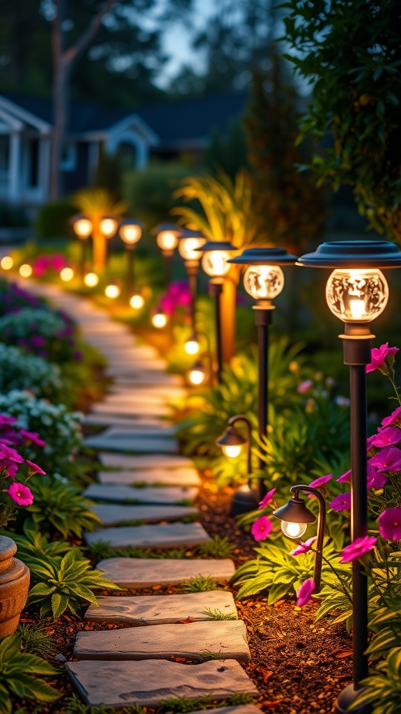 A well-lit stone pathway bordered by flowers and solar garden pathway lights.