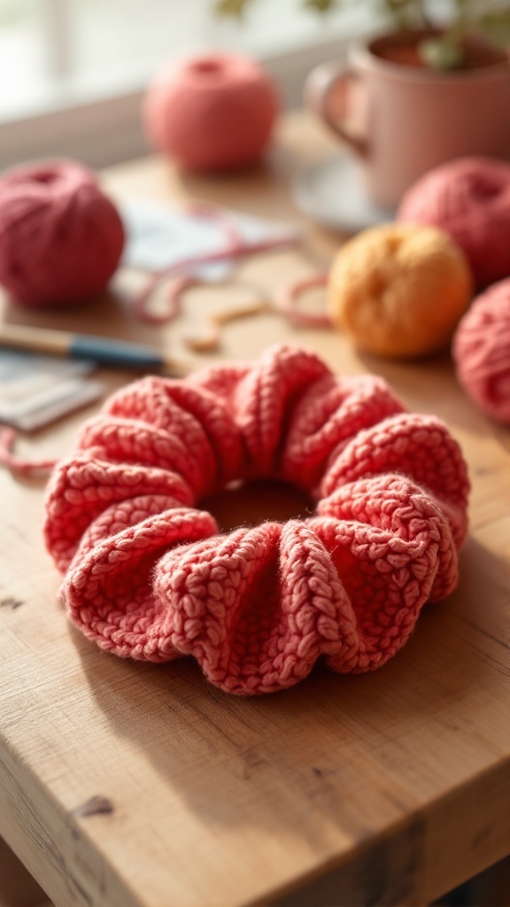 A crochet coral scrunchie surrounded by yarn balls on a wooden table.