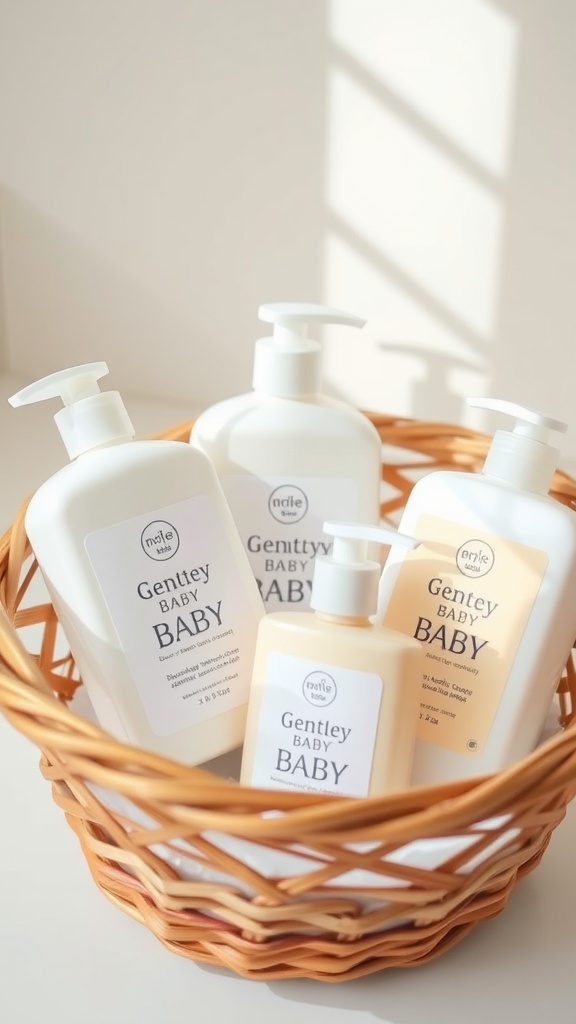 A basket filled with baby bath products, including gentle lotions and washes, arranged neatly