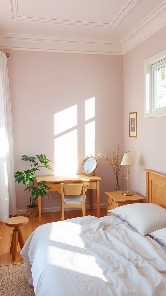 A calm and soothing bedroom with pale pink walls, wooden furniture, and natural light.