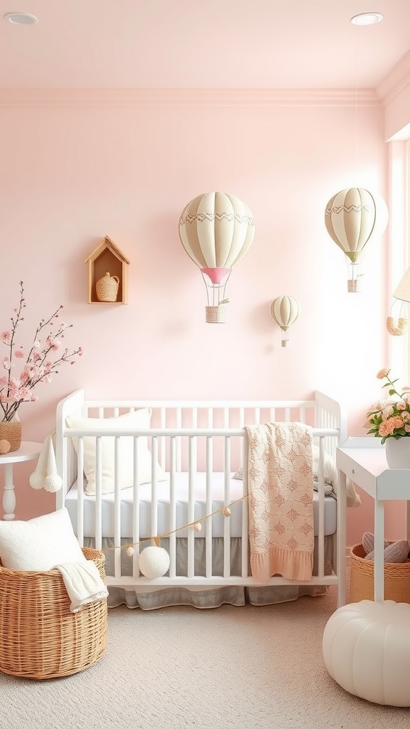 A serene nursery featuring hot air balloons, soft pink walls, and cozy decor, creating a calm atmosphere.