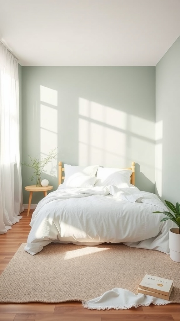 A cozy bedroom with sage green walls, white bedding, and natural light creating a soothing atmosphere.