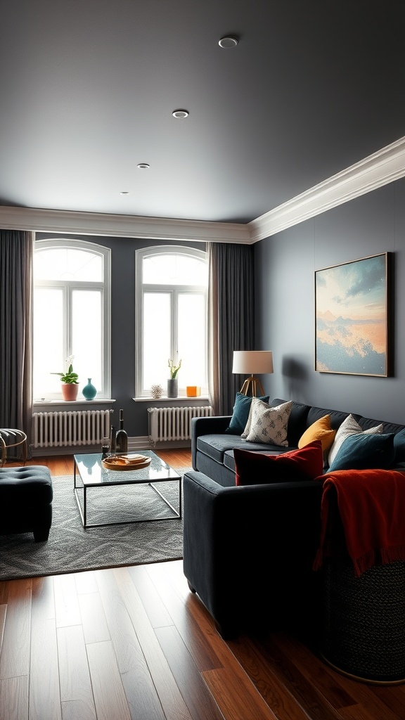 A stylish black living room featuring vibrant accent colors on cushions and artwork, with large windows and wooden flooring.