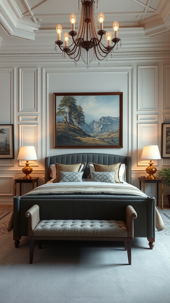 A sophisticated mansion bedroom featuring a large bed, elegant decor, and a beautiful landscape painting on the wall.