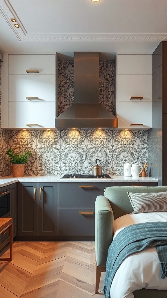 A modern kitchen featuring a sophisticated patterned backsplash, dark cabinetry, and warm lighting.
