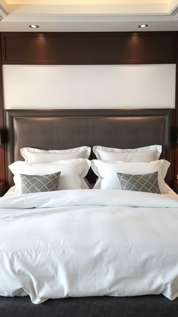 A luxurious master bedroom with a neatly made bed featuring white bedding and decorative pillows