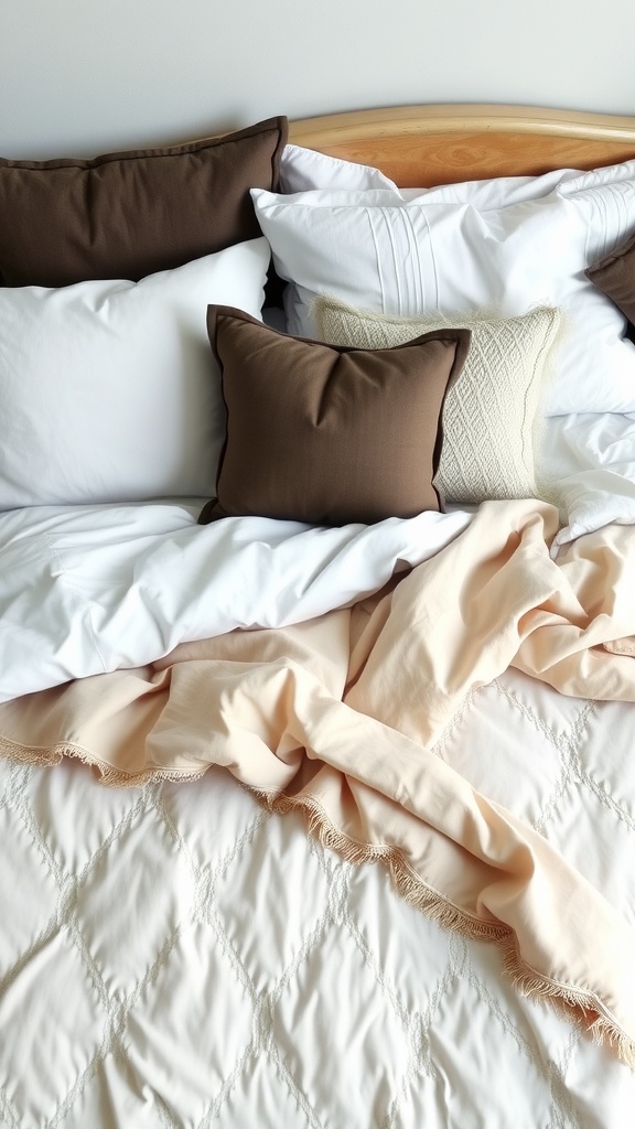 A beautifully arranged bed with varying pillow sizes and a soft duvet in white and beige tones, accented by brown pillows.