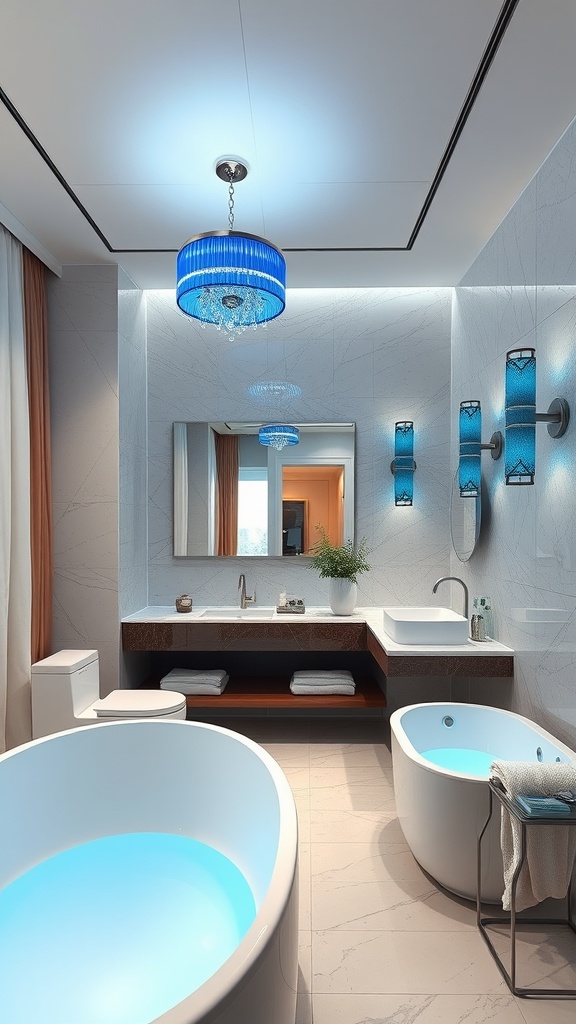 A modern bathroom featuring sophisticated blue lighting fixtures, including a ceiling light and wall sconces.