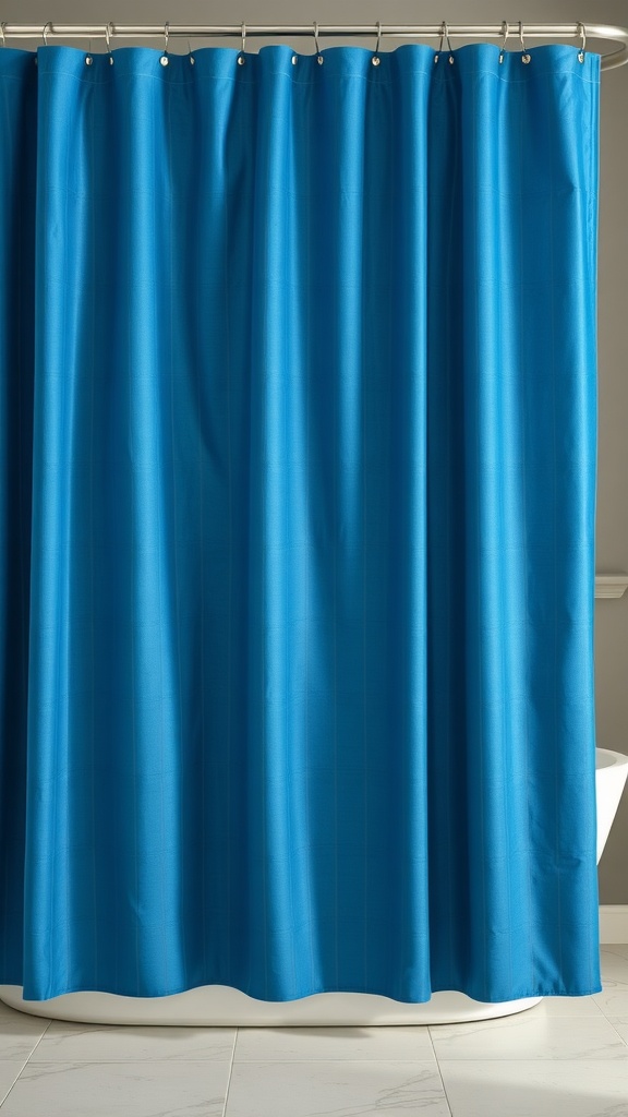 Vibrant blue shower curtain hanging in a modern bathroom
