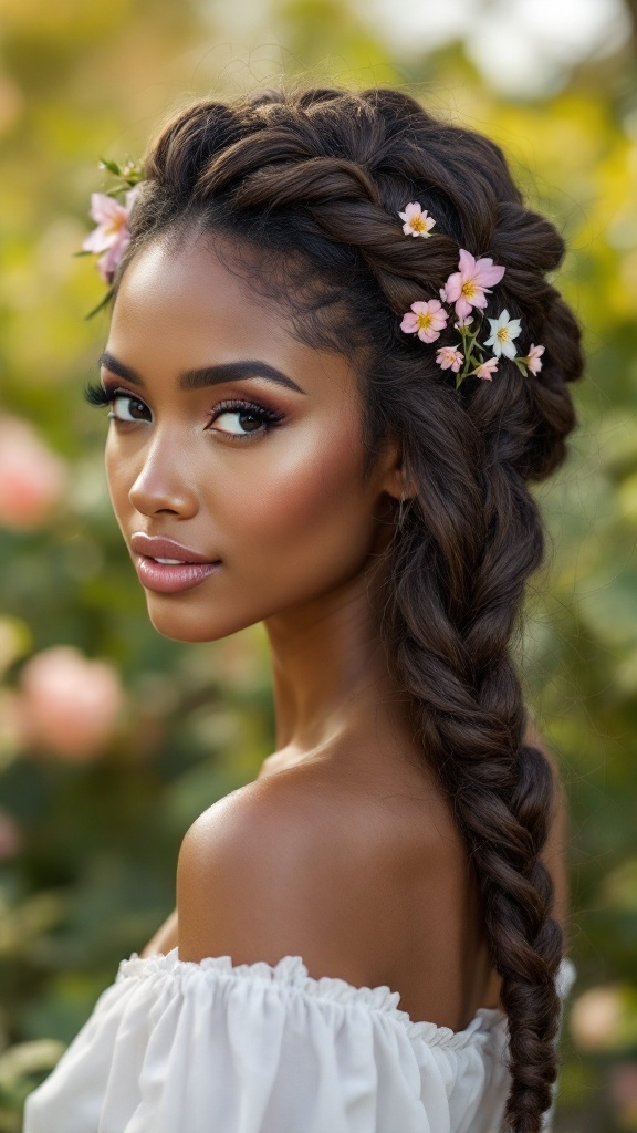 A woman with a sophisticated braided crown hairstyle adorned with flowers.