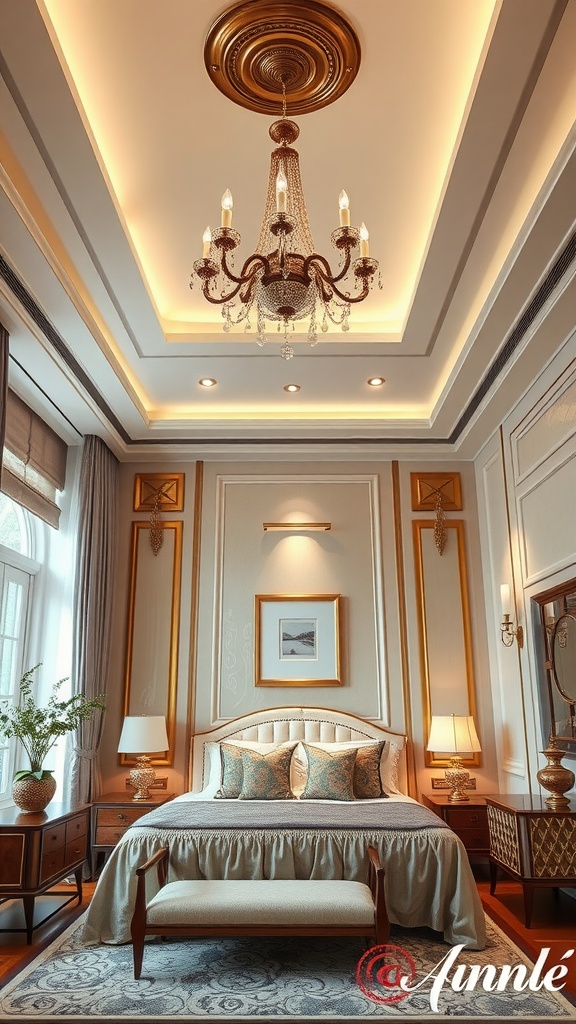 Elegant chandelier in a luxurious bedroom with warm lighting and intricate ceiling design