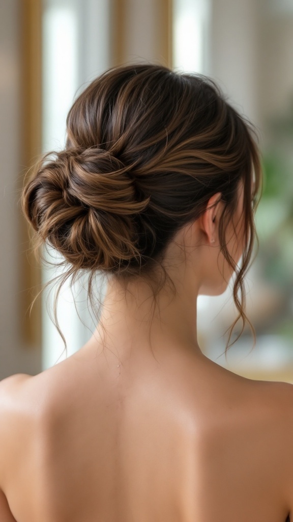 A stylish chignon hairstyle with loose strands framing the face.