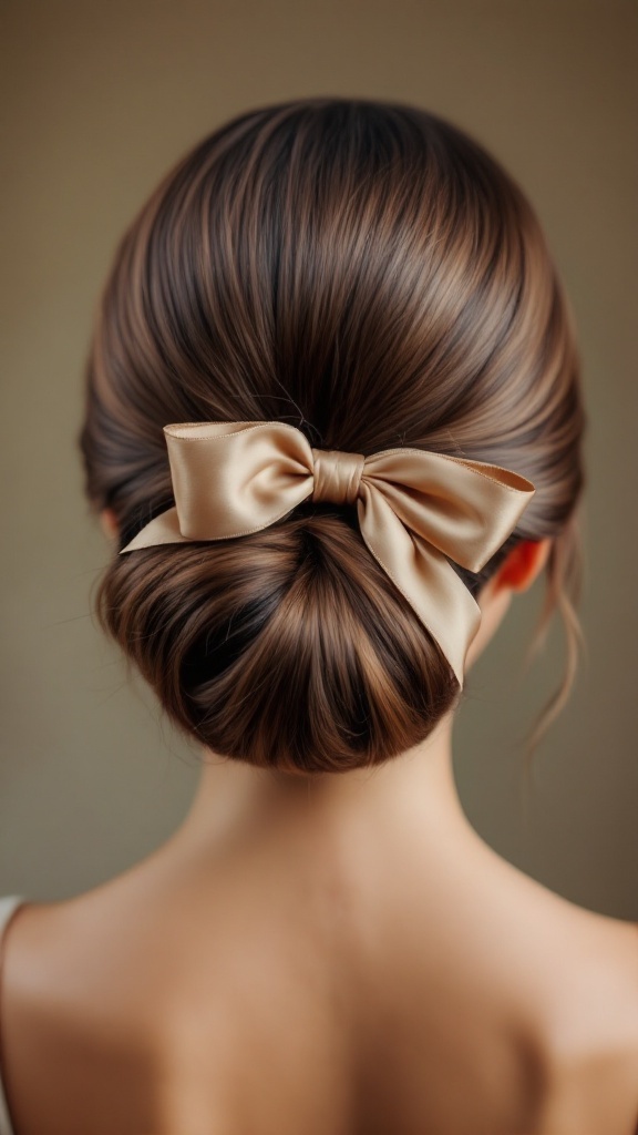 A sophisticated chignon hairstyle adorned with a satin bow.
