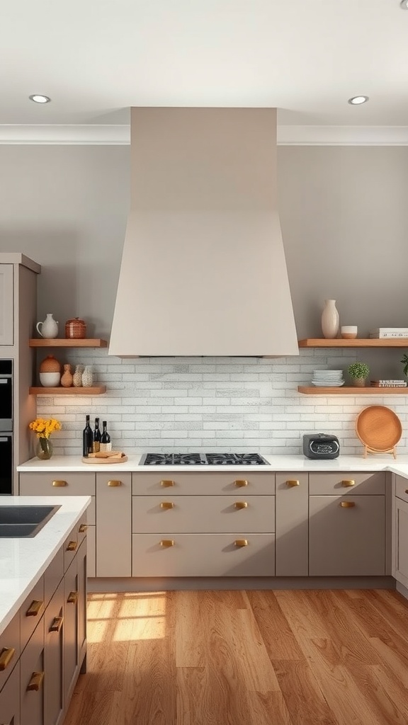 A modern kitchen featuring a sophisticated chimney accent wall with light bricks and open shelves.