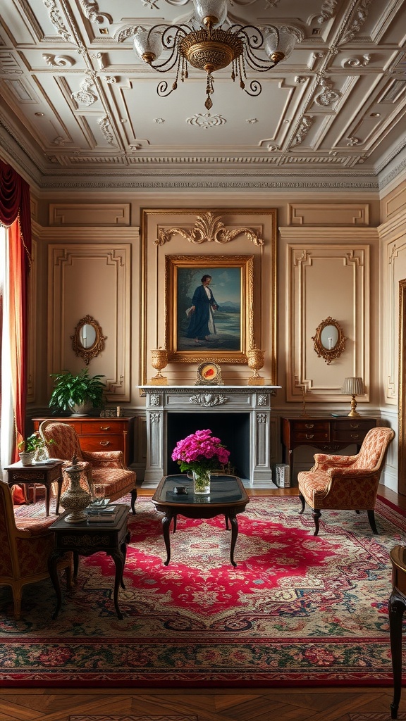 A sophisticated classical living room featuring ornate details, elegant furniture, and a warm color palette.